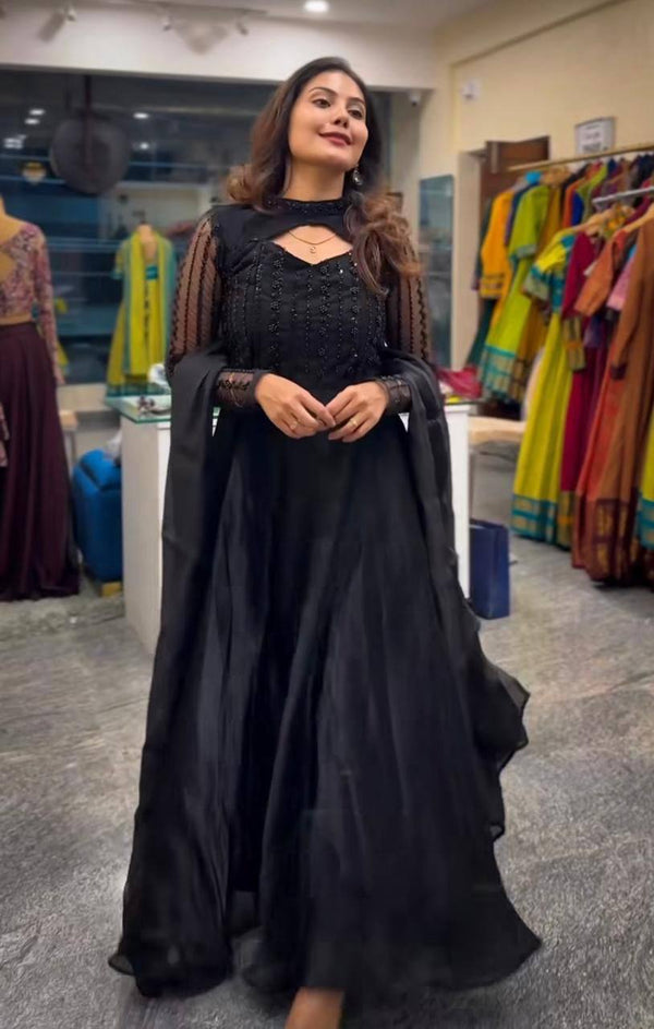 Flattering Sequence Work Black Color Anarkali Gown