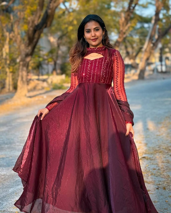 Flattering Sequence Work Maroon Color Anarkali Gown