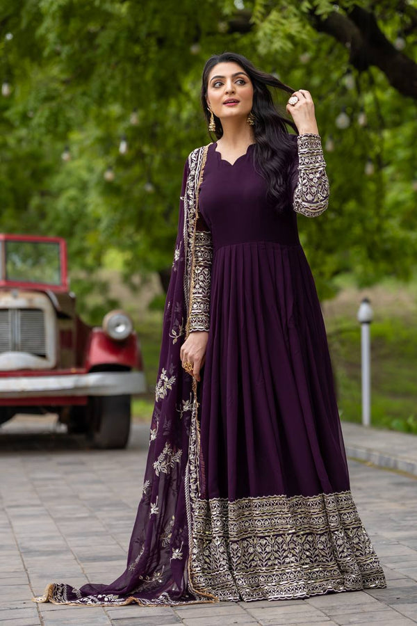 Heavy Sequence Work Wine Color Gown With Dupatta