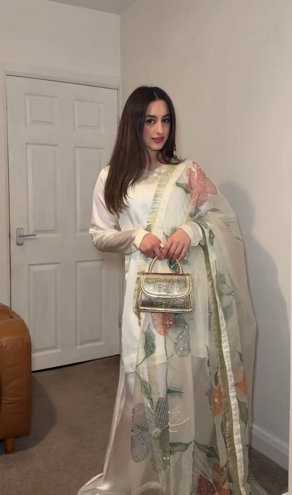 Delightful Satin Silk White Color Palazzo Suit