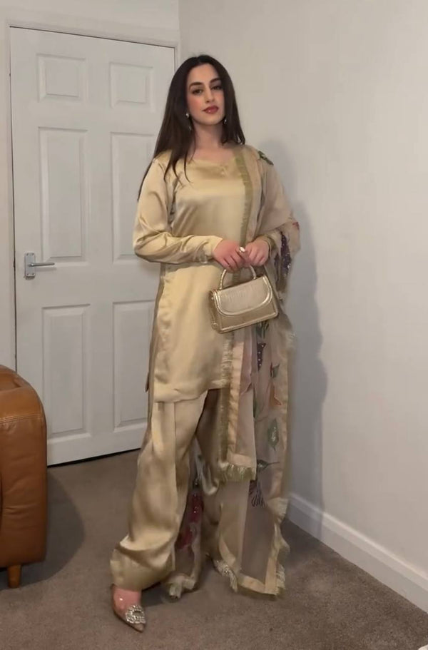 Delightful Satin Silk Beige Color Palazzo Suit