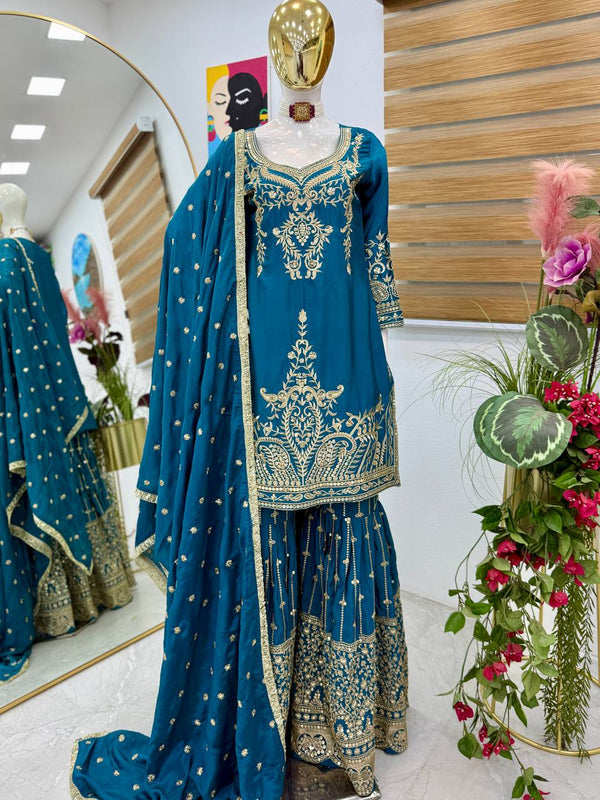 Occasion Wear Heavy Sequence Work Blue Sharara Suit
