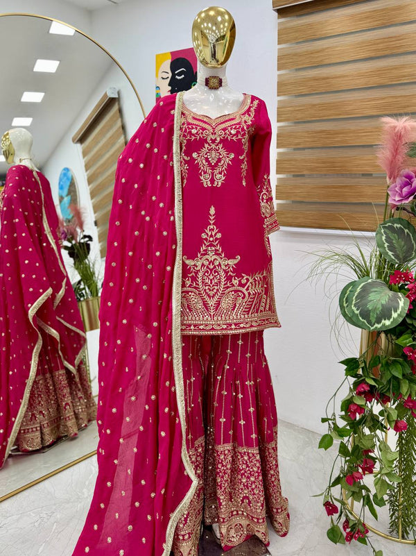 Occasion Wear Heavy Sequence Work Pink Sharara Suit