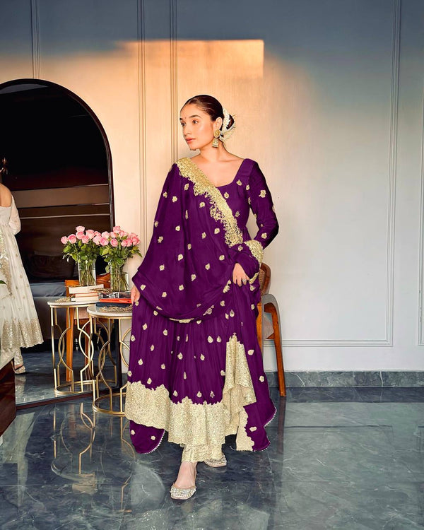 Good Looking Chinon Silk Purple Color Sequence Work Gown