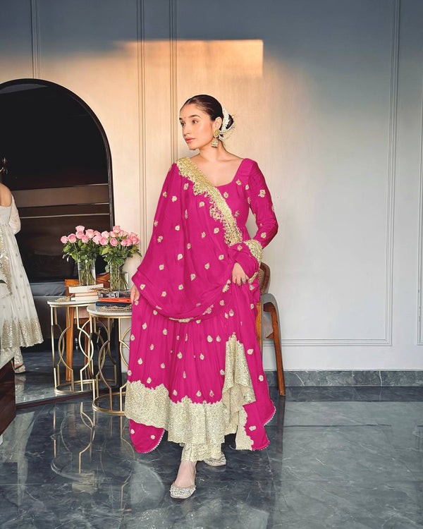 Good Looking Chinon Silk Pink Color Sequence Work Gown