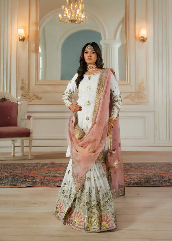 Good Looking Heavy Work White Color Sharara Suit