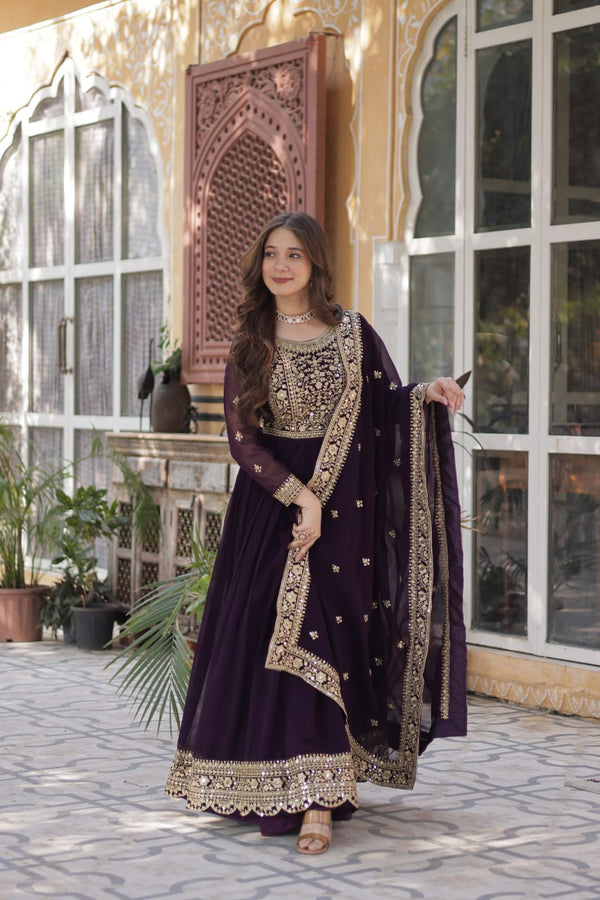 Wonderful Embroidery Work Wine Color Gown