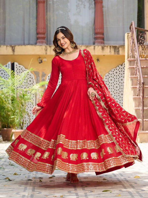 Awesome Vichitra Silk Red Color Gown
