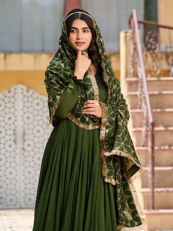 Awesome Vichitra Silk Green Color Gown