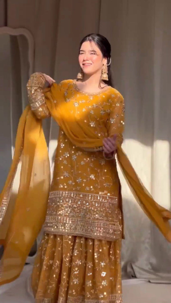 Occasion Wear Yellow Color Sequence Work Sharara Suit