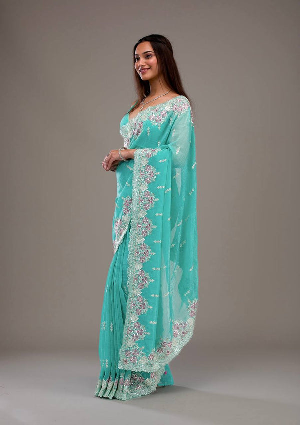 Lovely Heavy Work Sky Blue Color Saree