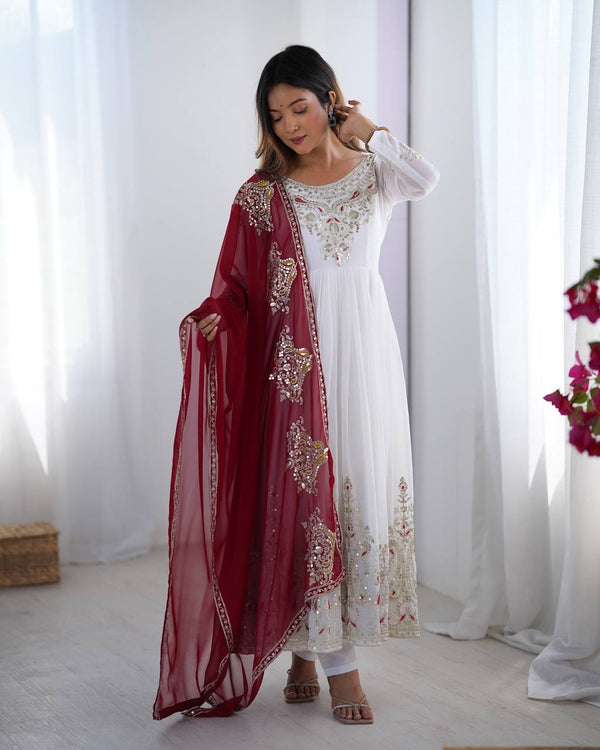 Imposing White Color Gown With Maroon Dupatta