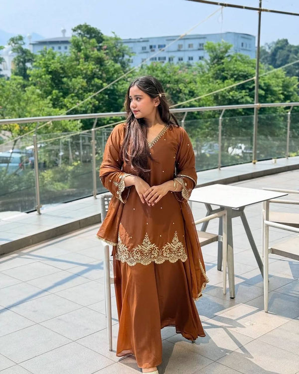 Awesome Embroidery Work Brown Color Sharara Suit