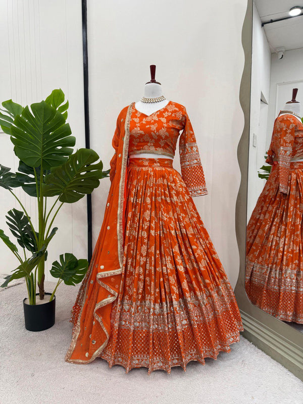 Occasion Wear Jacquard Work Orange Color Lehenga Choli