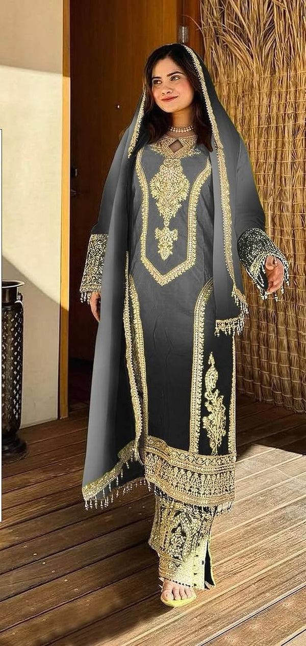 Fantastic Embroidery Work Double Shaded Grey Color Palazzo Suit
