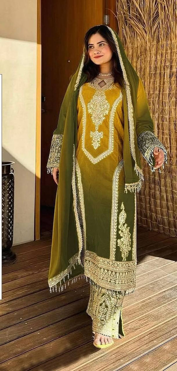 Fantastic Embroidery Work Double Shaded Green Color Palazzo Suit