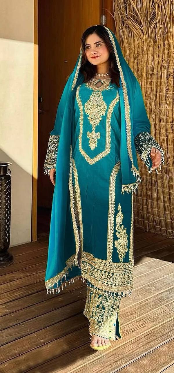 Fantastic Embroidery Work Double Shaded Blue Color Palazzo Suit