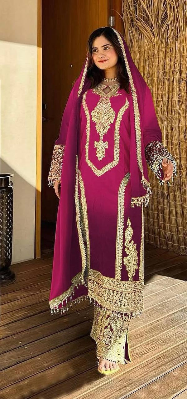 Fantastic Embroidery Work Double Shaded Pink Color Palazzo Suit