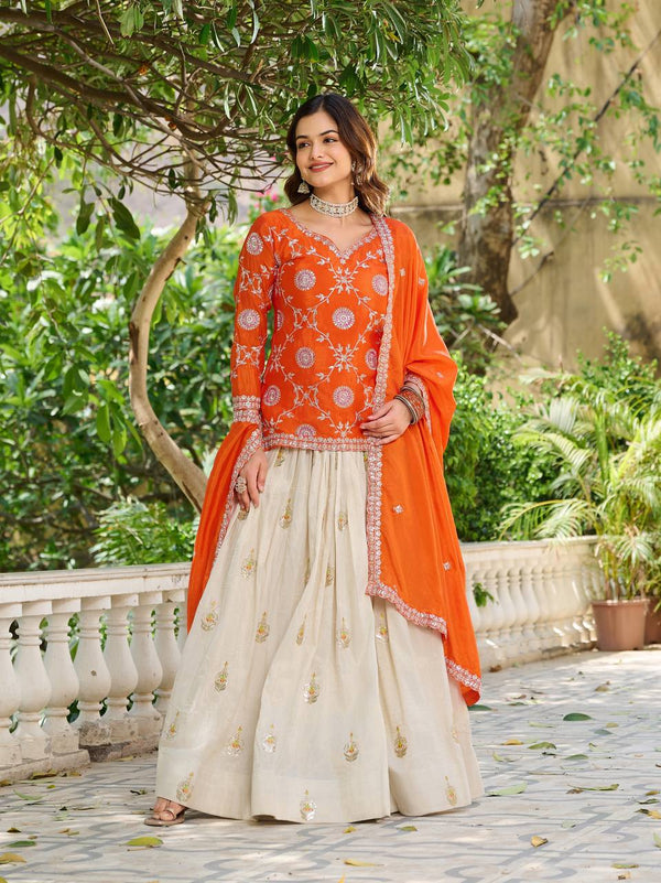 Occasion Wear Orange Color Kurti With White Lehenga