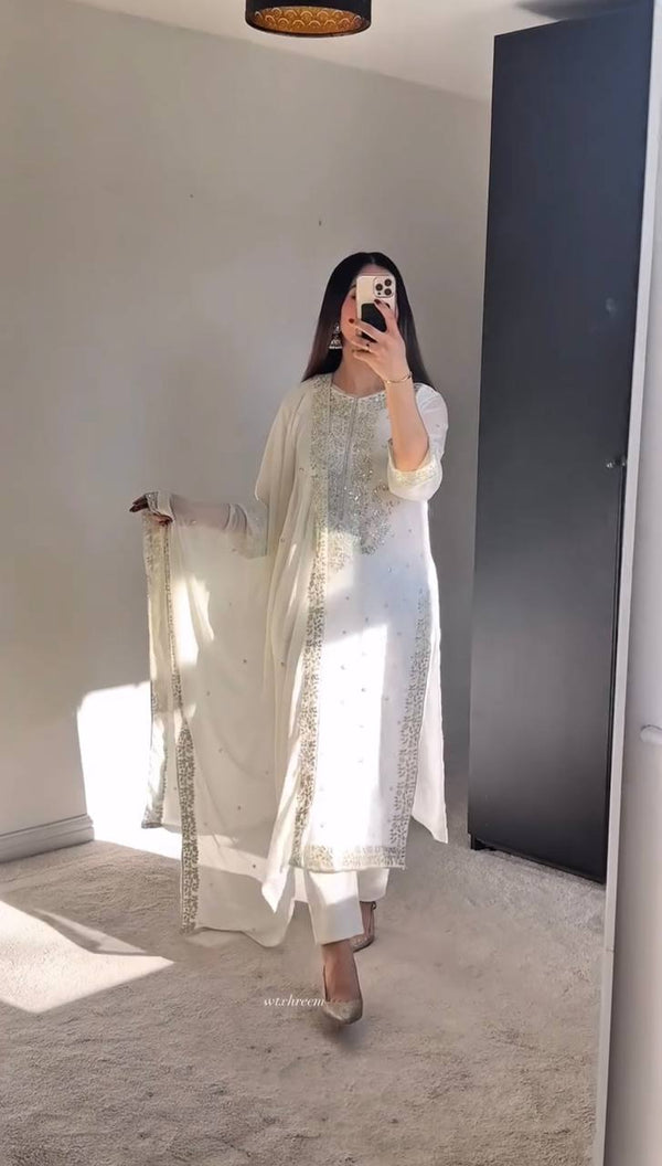 Delightful Embroidery Work White Color Salwar Suit