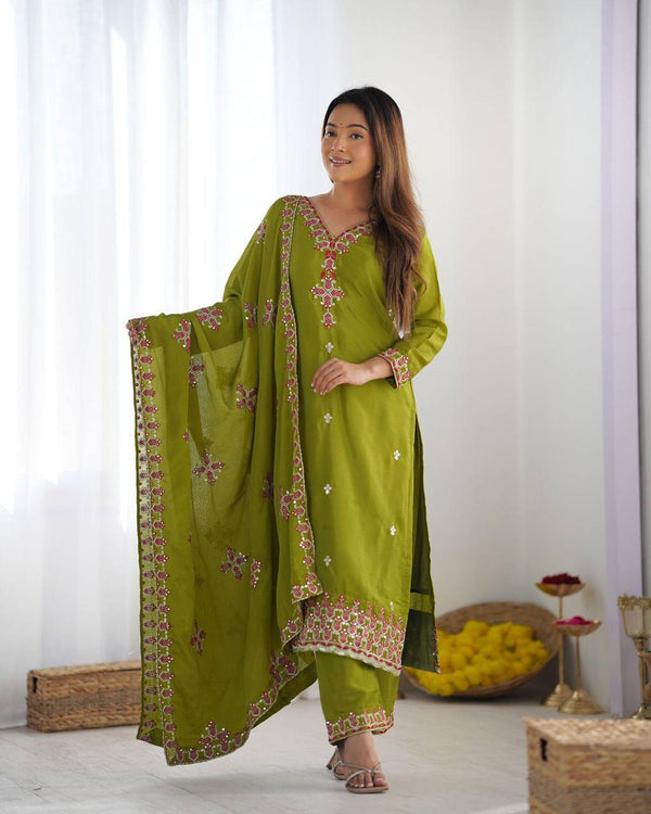 Marvelous Embroidery Work Green Color Salwar Suit