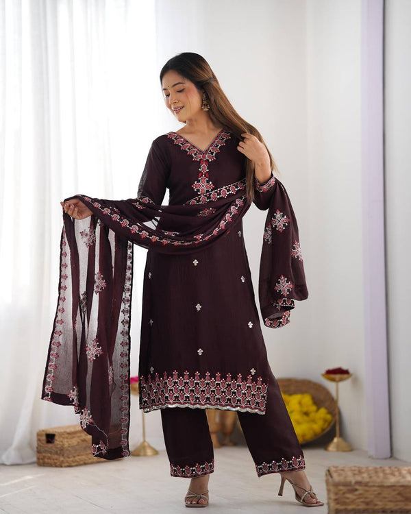 Marvelous Embroidery Work Wine Color Salwar Suit