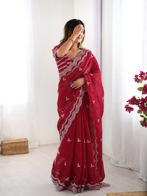 Lovely Heavy Work Maroon Color Saree