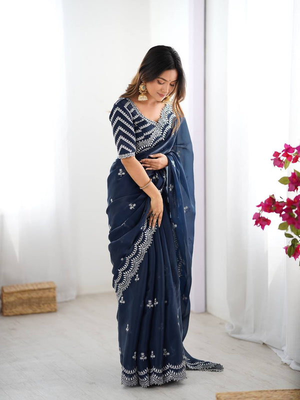 Lovely Heavy Work Navy Blue Color Saree