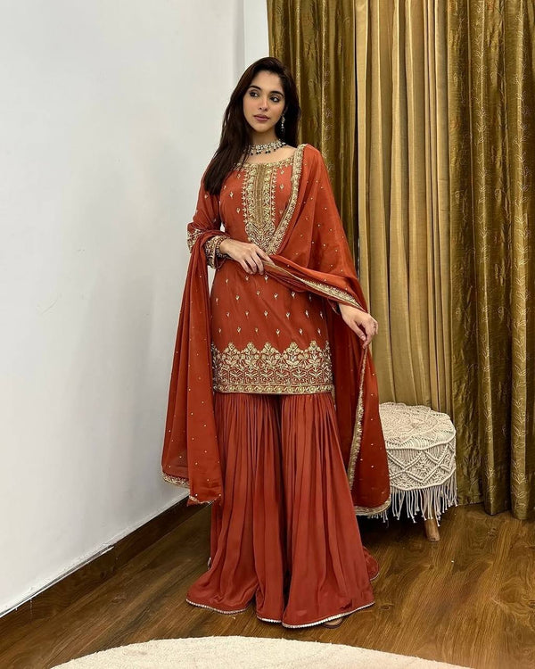 Gorgeous Embroidery Work Brown Color Sharara Suit
