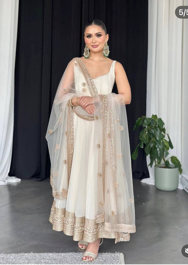 Attractive Sequence Work White Color Gown