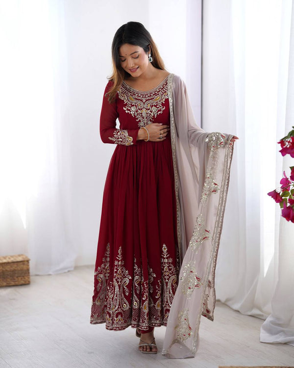 Imposing Maroon Color Gown With White Dupatta