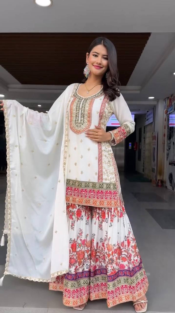 Stunning Embroidery Work White Color Palazzo Suit