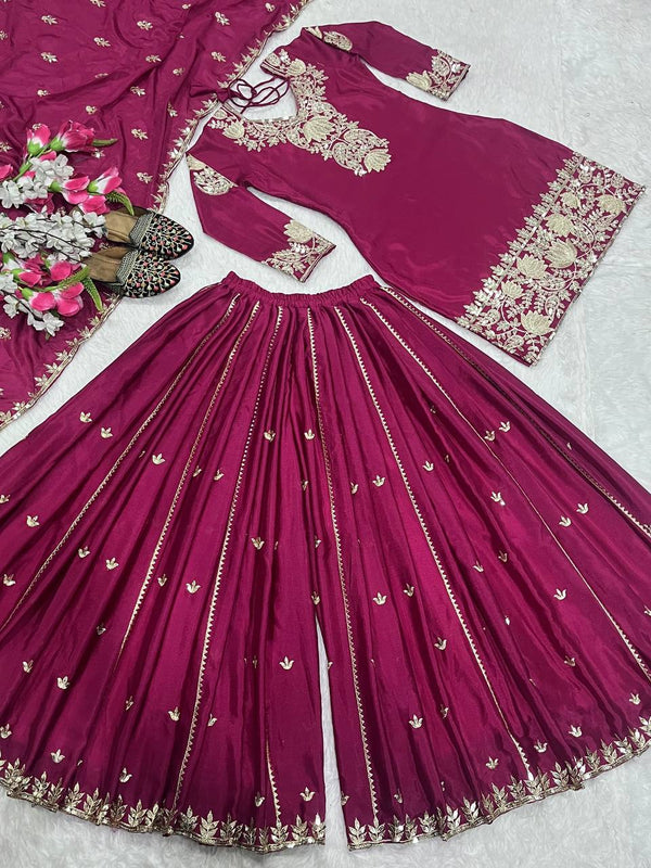 Function Wear Heavy Work Wine Color Sharara Suit