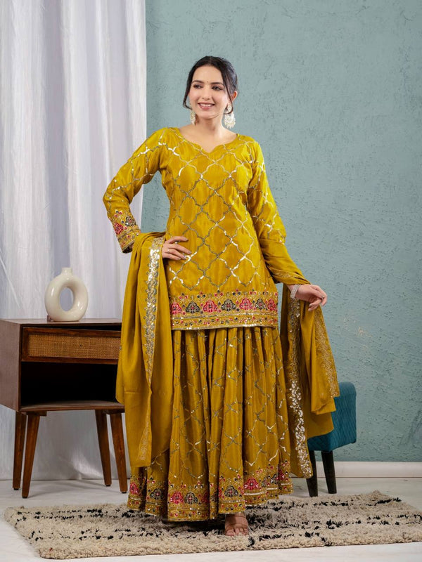 Full Sequence Work Heavy Mustard Color Sharara Suit