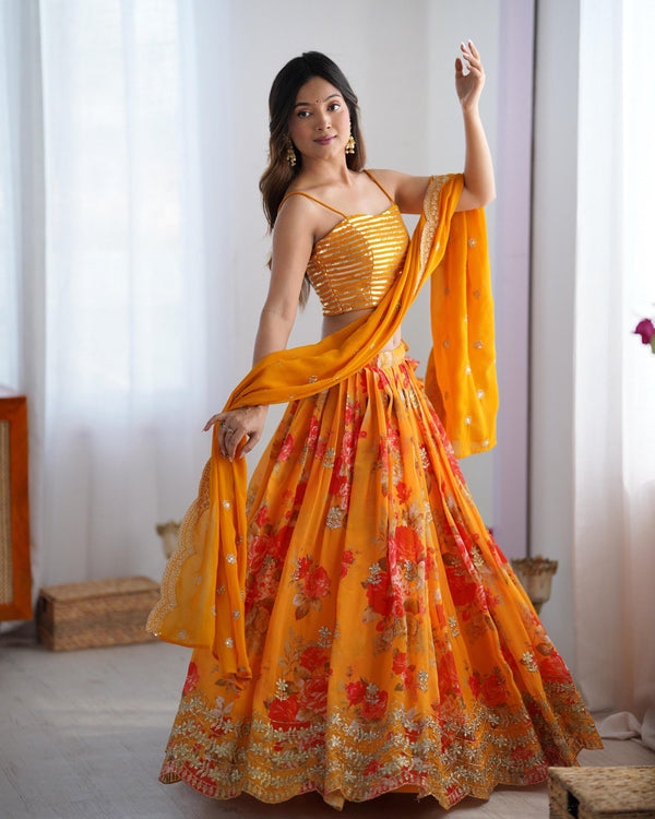 Marriage Special Digital Print Mustard Color Lehenga Choli With Koti