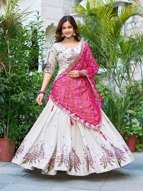 Wonderful Embroidery Work White Color Lehenga With Pink Dupatta