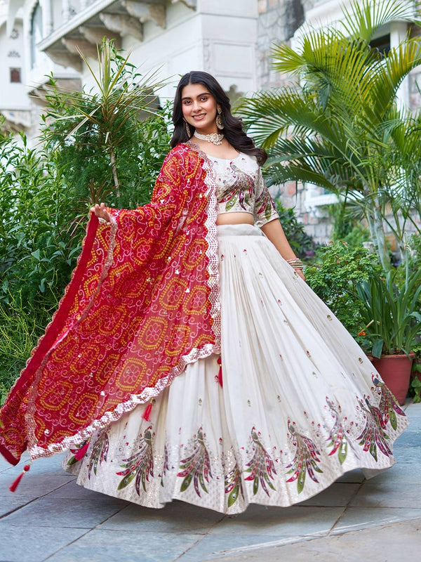 Wonderful Embroidery Work White Color Lehenga With Red Dupatta