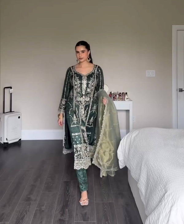 Preferable Heavy Work Green Color Salwar Suit