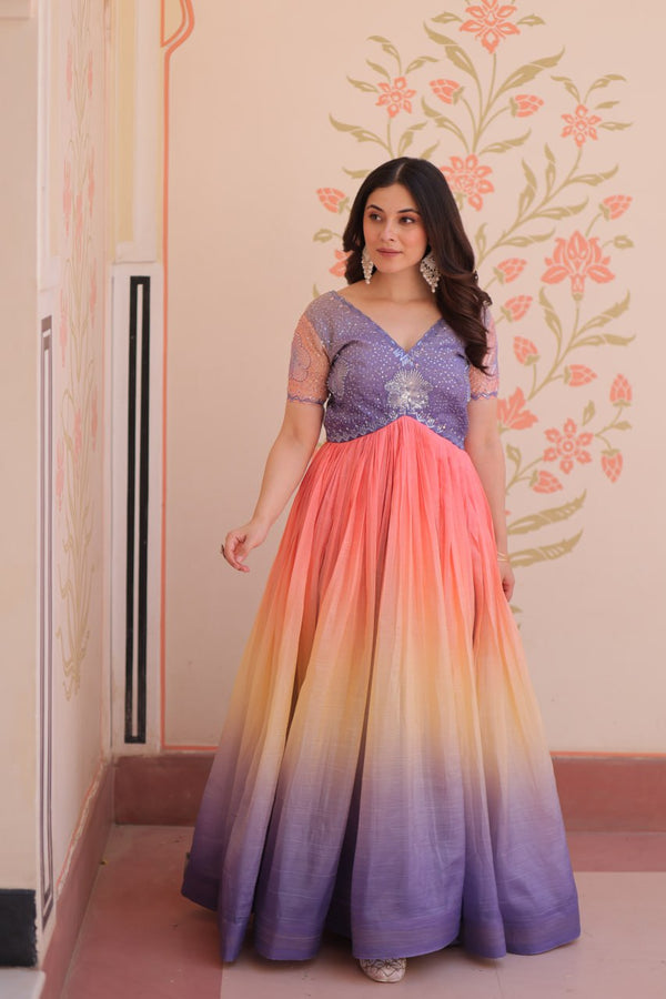 Fantastic Embroidered Work Double Shade Lavender Color Gown
