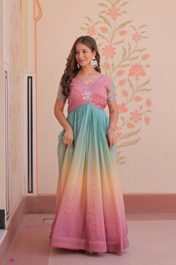 Fantastic Embroidered Work Double Shade Light Pink Color Gown