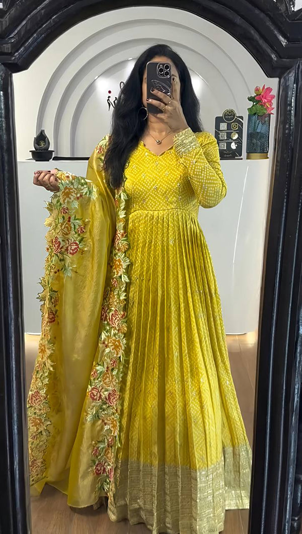 Beautiful Chinon Silk Yellow Color Gown