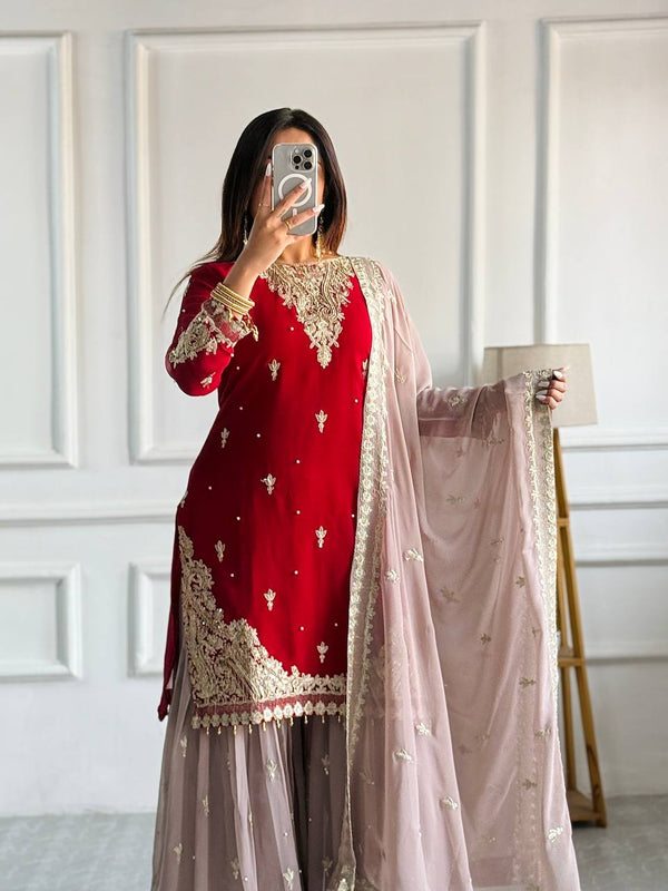 Attractive Embroidery Heavy Work Red Color Sharara Suit