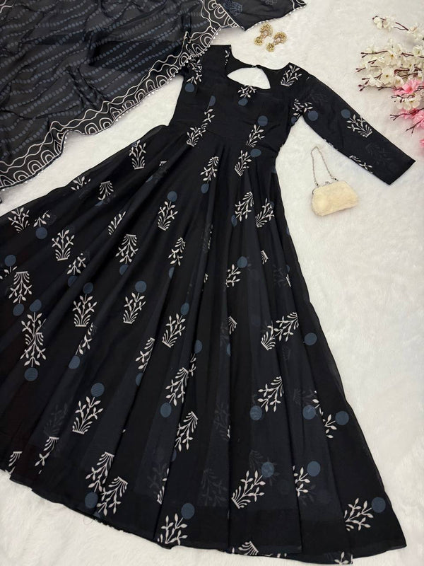 Delightful Digital Printed Black Color Anarkali Gown