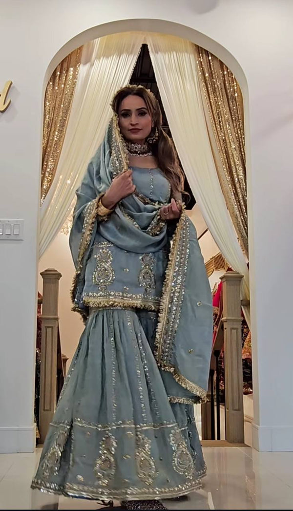 Occasion Wear Embroidery Work Teal Blue Color Sharara Suit