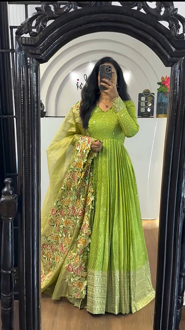 Beautiful Chinon Silk Green Color Gown