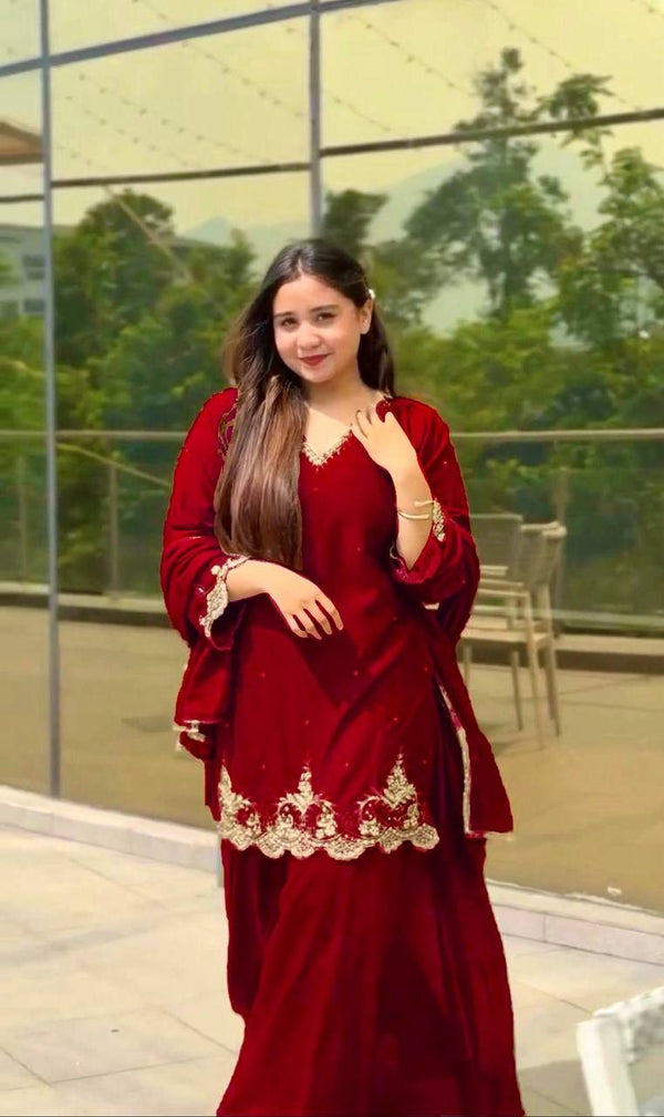 Awesome Embroidery Work Red Color Sharara Suit