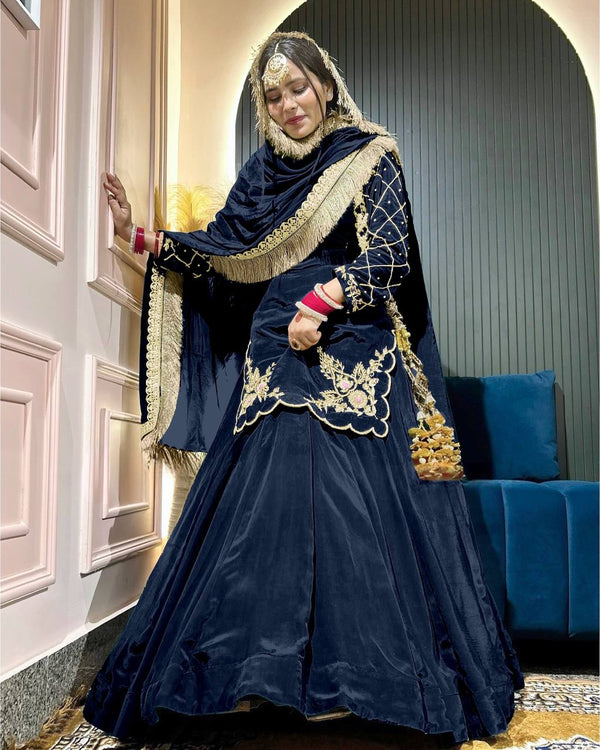 Function Wear Bids Hand Work Navy Blue Color Top With Lehenga