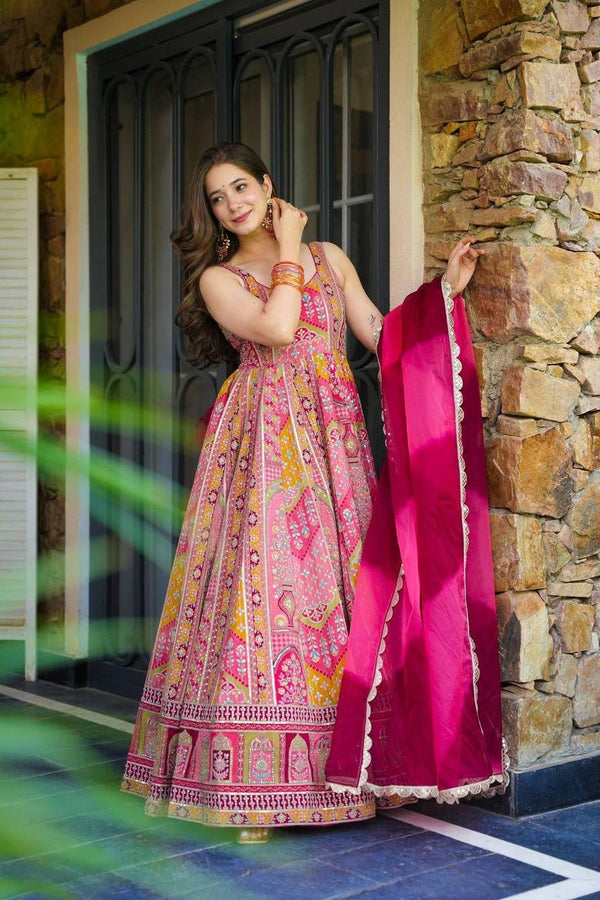 Attractive Silk Digital Printed Multicolor Anarkali Gown