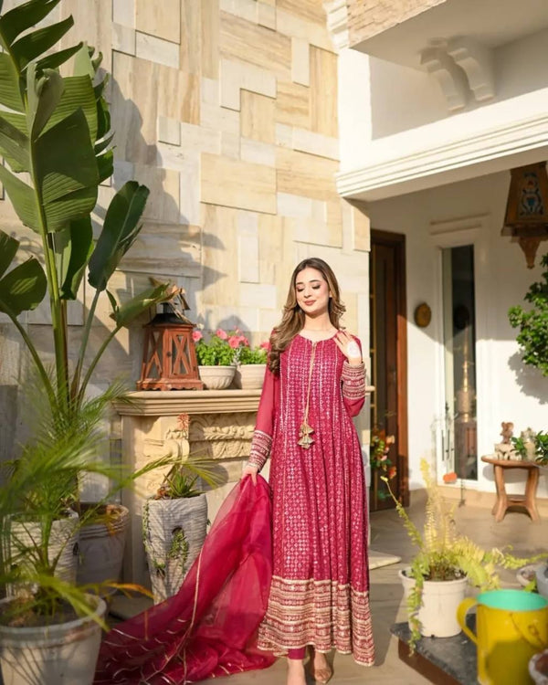 Good Looking Embroidery Work Pink Color Gown