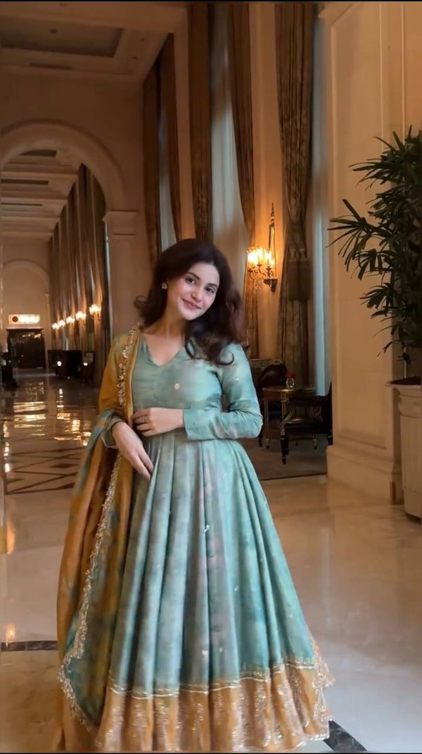 Designer Organza Silk Teal Green Color Gown